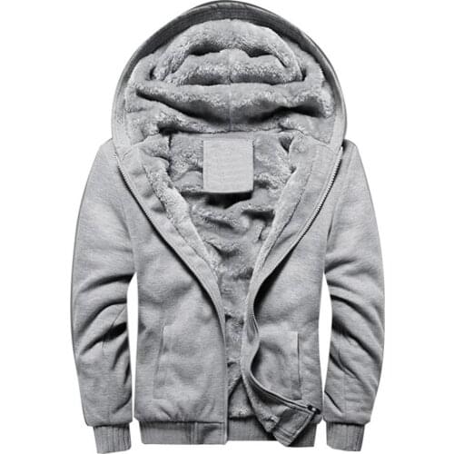 Fashion Plus Size Men Coat Jacket Plush Thicken Winter Warm Solid Color Hooded Long Sleeve Pockets Zip Up Coat Outwear Jacket