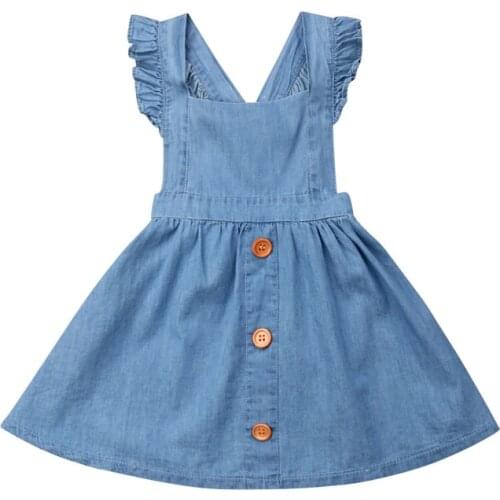 Summer Girls Denim Dress Sleeveless Button Ruffle Mini Princess Dress Backless Baby Girl Clothes Kids Casual Overalls Dresses