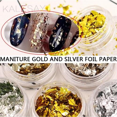 Gold Silver Glitter Nail Foil Gel Adhesive Transfer Paillette Flake Full Cover Laser Decal Decor Nail Decoration Manicure Charm