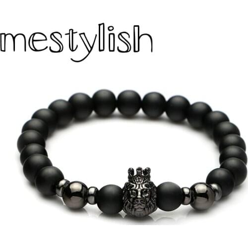 Mestylish Lion Crown Charm Bracelet Nature Stone Black Scrub Onyx Beads Jewelry DIY Crown Lion Head Men Women Bracelets