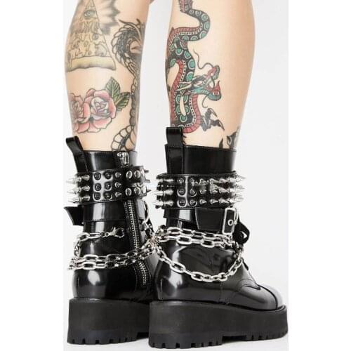 Fashion Women Spike Rivets Studs Chains Buckle Motorcycle Boots Thick Platform Sole Street Dance Ankle Boots Chunky Heel Boots