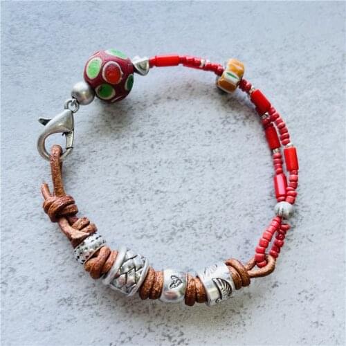 Fashion HQ Silver Plated Leather Strand Bracelet Red Coral Beaded Bracelets for Women Womans Accessories