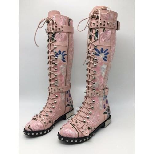Newest Women Rose Flower Embossed Leather Knee High Boots Fresh Rural Flower Rivets Studs Low Heel Booties Lace Up Riding Boots