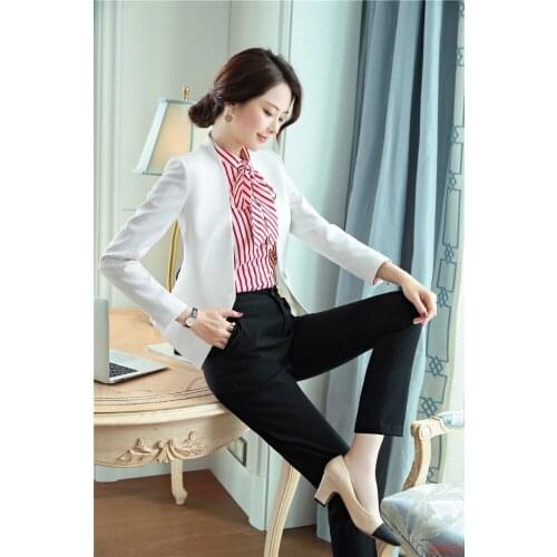 Novelty White Formal Business Women Work Wear Suits With Jackets and Pants for Ladies Office Professional Pants Suits Pantsuits