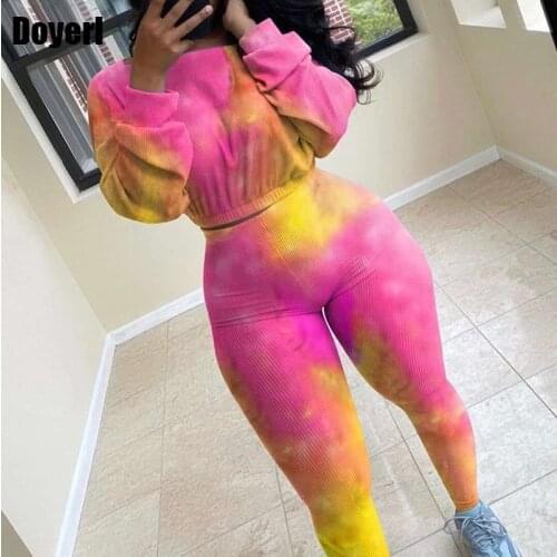 Autumn Two Piece Sets for Women Winter Outfits Casual Crop Top and Skinny Pants Sweat Suits Tie Dye 2 Piece Tracksuit Set Women