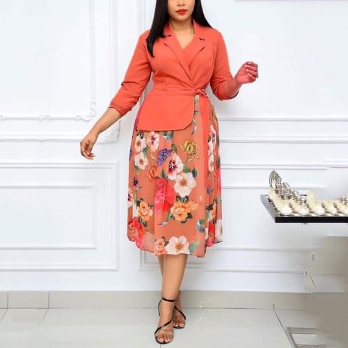 African Office Ladies 2021 New Summer Orange Patchwork High Waist A Line Mid Calf Elegant Business Work Wear Clothes Dress Midi