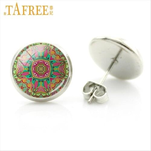 TAFREE Mandala Flower Earrings fashion morocco style stud earring round dome glass new cabochon women accessories jewlery A351