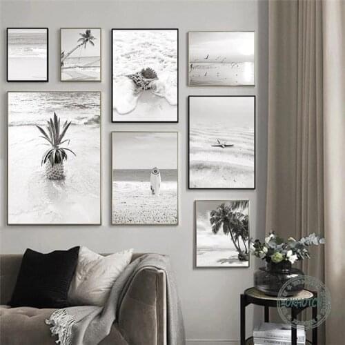 Nordic Black and White Beach Seaside Scenery Picture Wall Art Canvas Painting Palm Tree Shell Surf Board Poster Home Decor