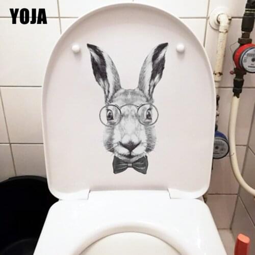 YOJA 14.6×23.5CM Hand Drawn Bunny Wearing Glasses Wall Stickers Mural Cartoon WC Toilet Decoration T1-2693