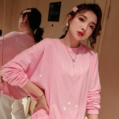 IHOBBY Women Pink Hot drilling T shirt Korean Style Round Neck Loose Casual Cotton Tee Top Summer Bottoming Shirts