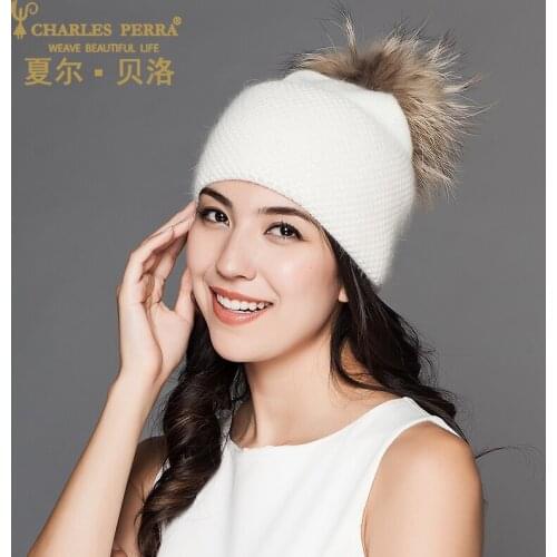 Charles Perra Women Hats Winter Wool Knitted Hat With Big Hairball Elegant Lady Casual Caps 2020 NEW Female Beanies D302