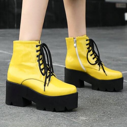 2021 Women Boots Fashion Platform Ankle Boots Thick High Heel Short Boots Lace Uo Zipper Autumn Winter Boots Shoes Big Size 43