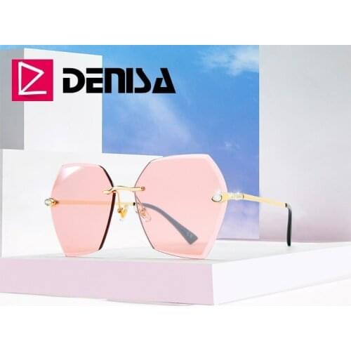 DENISA Blue Rimless Sunglasses Women 2019 Rhinestone Hexagon Sunglasses Girls Summer Glasses Retro UV400 Shades For Women G25084