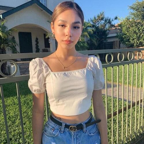 2021 New Women’s Sexy Solid Color Crop Tops Square Neck Puff Sleeve Wrap Bustier Open Back Summer T Shirt