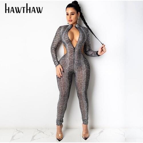 Hawthaw Women Autumn Winter Long Sleeve Zipper Backless Bodycon Printed Jumpsuit Romper Overall 2020 Female Clothing Streetwear