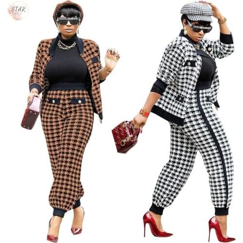 Two Piece Outfits Women Plaid Zipper Blazer Set Office Ladies High Street Casual Winter Matching Set Wholesale Dropshipping 2021