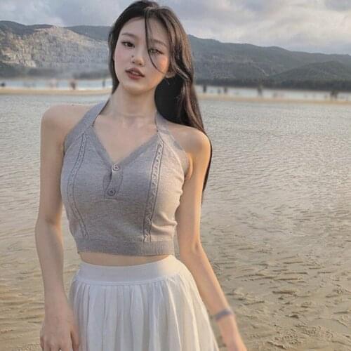 Womens Sexy V Neck Camis Button Female Crop Top Shirt Slim Sexy Knitted Camisole Tank Top