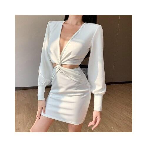 Women Deep Sexy X-shaped V-neck Dresses Cross Hollow Dress Bubble Sleeve Sexy Spring Slim Casual Fashion Solid Mini Dress