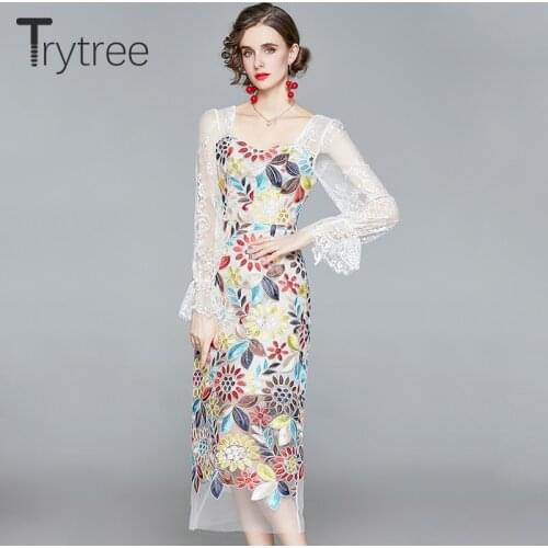 Trytree 2021 Spring Summer Womens Dress Casual Lace Butterfly Sleeve Mesh Patchwork Embroidery Floral Elegant High Street Dress
