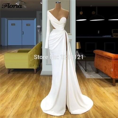 Solid White Ruffles Formal Evening Dresses 2020 Turkish One Shoulder Prom Dress For Women Robe De Soiree Kaftan Dubai Party Gown