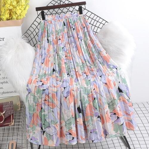 2021 Spring And 2021 New High Waist Slimming Pleated Chiffon Floral Digital Printing A-line Large Skirt Female Skirt