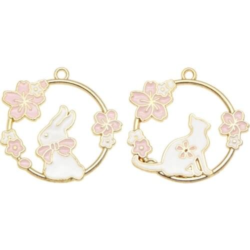 Julie Wang 4PCS Enamel Rabbit Cat Charms Zinc Alloy Round Cherry Blossoms Circl Pendant Bracelet Jewelry Making Accessory