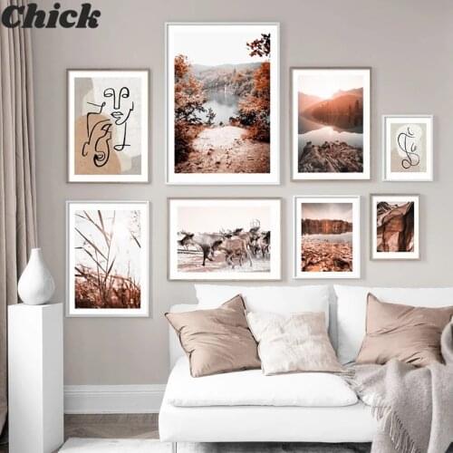 Abstract Line Face Deer Lake Tree Grass Desert Wall Art Canvas Painting Nordic Posters And Prints Wall Pictures For Room Deocr