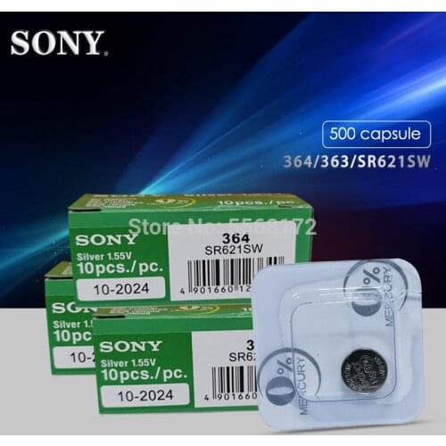500Pcs New SONY AG1 Watch Clock Battery LR621 LR621W 364 SR621SW SR621 1.55V Button Coin Cell Batteries Single grain packing