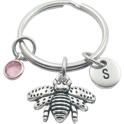 Queen Bee Initial Letter Monogram Birthstone Keychains Keyring Creative Fashion Jewelry Women Gifts Accessories Pendant