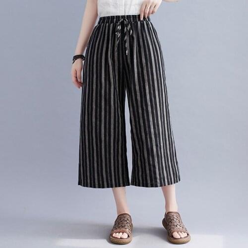 Women Summer Cotton Linen Calf-length Pants New 2021 Vintage Style Striped Elastic Waist Female Wide Leg Casual Pants S3933