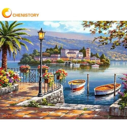 CHENISTORY DIY Painting By Numbers Kits For Adults Children Seaside House Boat Scenery Picture By Number 60x75cm Frame Wall Arts