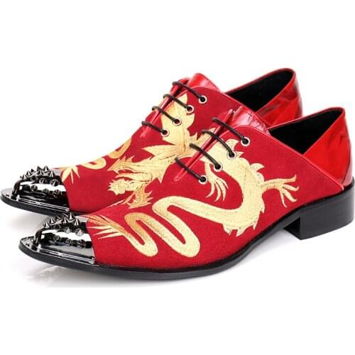 Christia Bella Handmade Men Dress Shoes Spiked Metal Toe Zapatos Hombre Handsome Red Wedding Party Shoes Big Size 38-47
