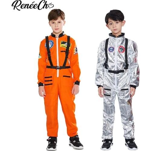 Reneecho Kids Space Astronaut Costume Boys Orange Astronaut Cosplay Sliver Spaceman Costume For Halloween