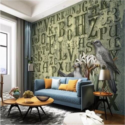 European Nostalgic Retro Green Letters Flowers and Birds Mural Wallpaper 3D Living Room TV Background Wall Papers Home Decor