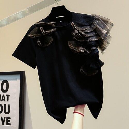 Womens T-Shirt 2021 Spring and Summer Korean Style Loose Round Neck Sweet Personality Mesh Stitching Polka Dot Bow Shirt Tops