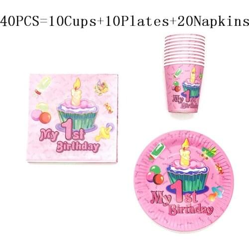 Hot Sale My First Birthday 40PCS/lot Family Party Disposable Tableware Birthday Party Baby Shower Blue Cup Plate Napkin Supply