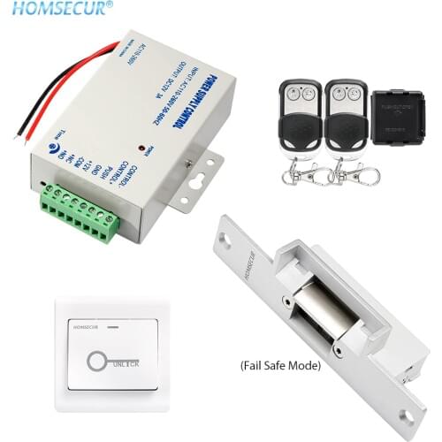 HOMSECUR Door Access Control Accessories Strike Lock Set with Power Supply+Remote Controller+Exit button+NC Strike Lock