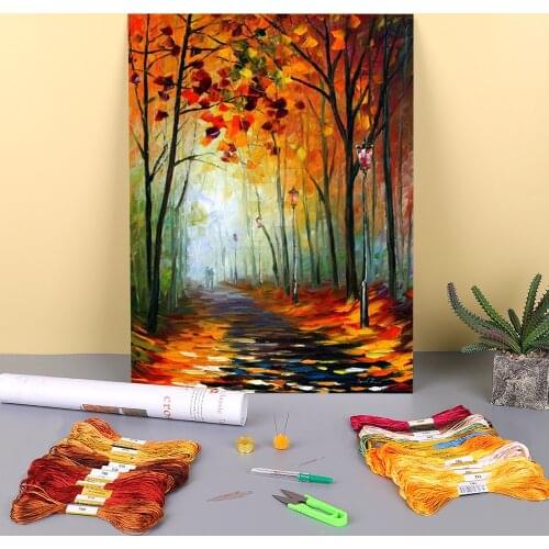 Oil Painting Style Fog Alley Printed Water-Soluble Canvas 11CT Cross-Stitch Full Kit DIY Embroidery DMC Threads Decor