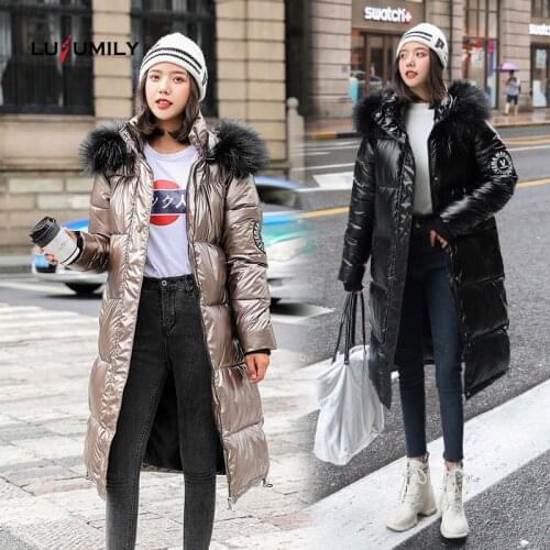 Lusumily Big Fur Women Long Coat Down Parkas Female Glossy Winter Warm Thicken Coats Silver Down Jacket Waterproof Outerwear