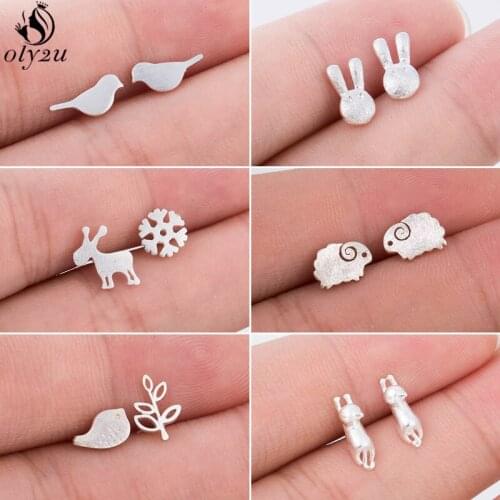 Minimalist Small Animal Earings Silver Color Birds Rabbit Cat Deer Sheep Stud Earrings for Women Kids Pendientes New Year Gifts