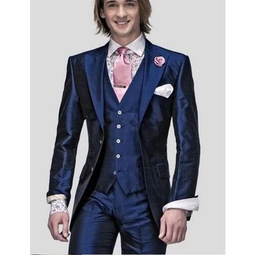 Peaked Lapel Two Buttons Men Suits Custome Made Fashion Tuxedos Terno Slim Fit Blazer Suits(Jacket+Pant+Vest+Tie+Handkerchiefs)