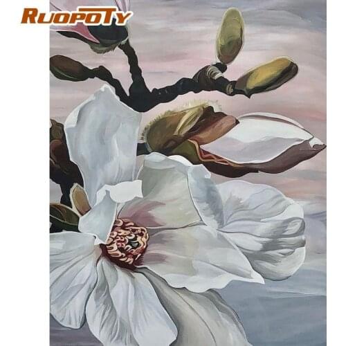 RUOPOTY Picture By Numbers Kits For Adults 60x75cm Frame White Flower Oil Painting By Number Handmade Modern Home Decor Art