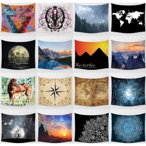 Sea night moon world map fog forest mandala horse mountain compass wall art tapestry rectangle bedroom wall hanging tapestry