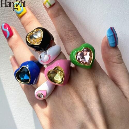 HangZhi 2021 New Love Heart Shiny Crystal Colorful Glazed Metal Smiley Eyes Open Ring for Girls Cocktail Ring Party Jewelry