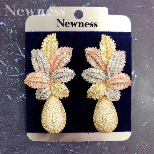 Newness 68mm Luxury Leaf Drop Flower Full Micro Cubic Zirconia Paved Naija Wedding Party Earring Fashion Jewelry for Women