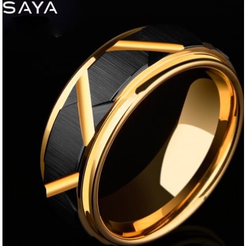 Tungsten Carbide Wedding Ring Black Faceted Design Men Band Gold Plating Inside Comfort Fit, Free Shipping, Engraving