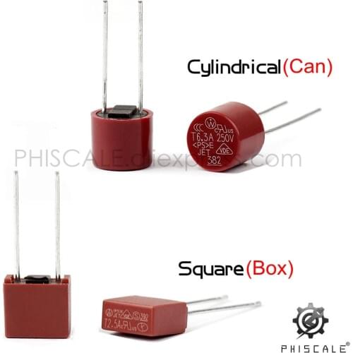 PHISCALE 50pcs Cylindrical /Square Micro FuseMiniature Slow Blow 250V 80MA 250MA 1A 1.6A 2A 2.5A 3.15 5A 6.3A 8A Radial Can/Box