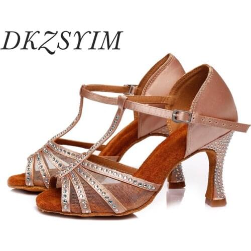 DKZSYIM Latin Dance Shoes Jazz Salsa Ballroom Shoes Woman ladies girls Sandals Big small rhinestones wholesale high hells sexy
