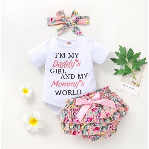 Daddys Girl Mommys World Print short Sleeve Romper Ruffled Floral Bloomers Shorts With Headband Set For Baby Girl Clothes