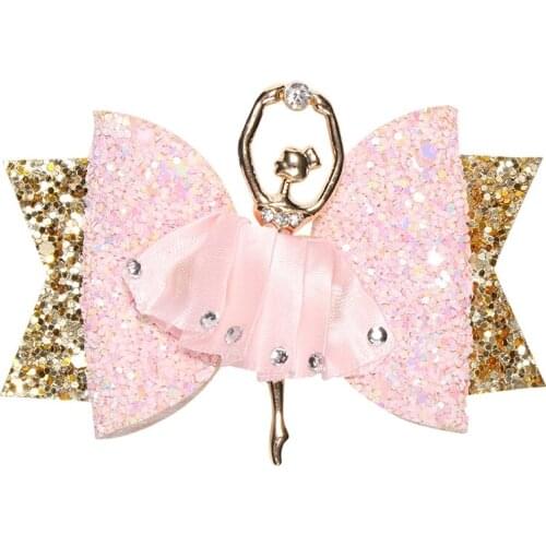 Rhinestone Ballet Girl Hairpin Bows With Clips Flash Glitter Leather Hair Pins Sweet Cartoon Party Headwear Dance Headdress Kids